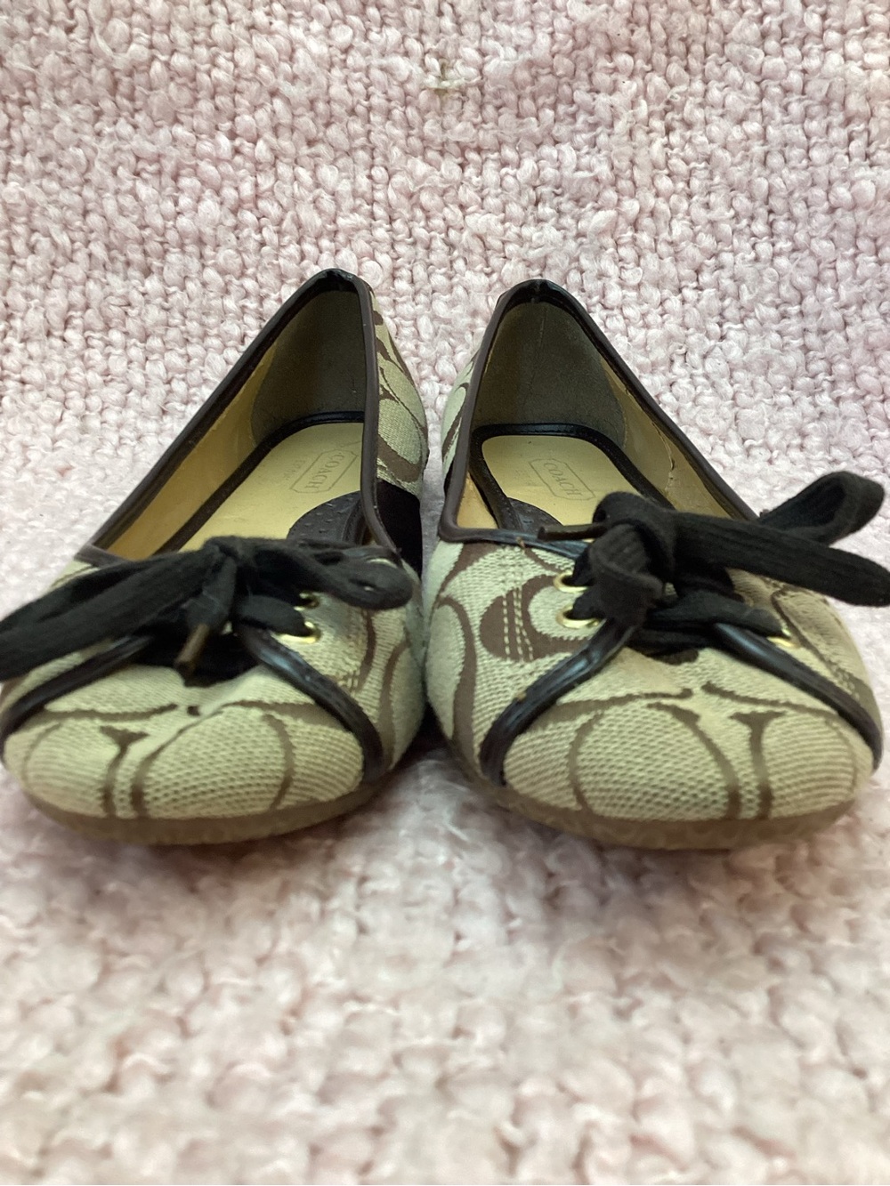 Coach Tan Signature Canvas Ballet Flats with Black Trim - Picture 6 of 11